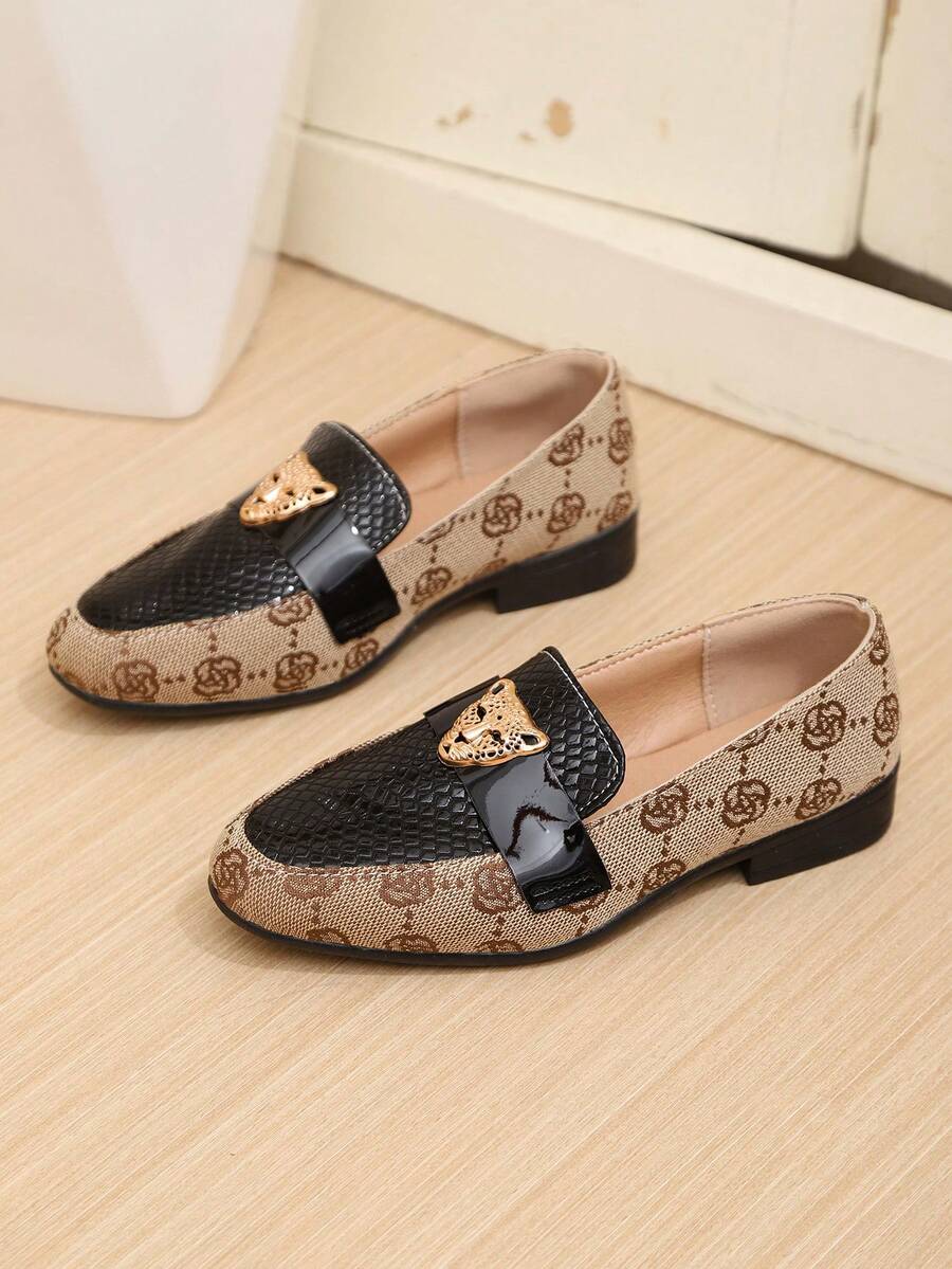 1双男童复古刺绣豹头装饰牛津鞋，时尚百搭儿童正装鞋，轻便防滑TPR橡胶鞋底，适合所有季节、学校、派对、正式场合。 - 卡其色 - 查看 1