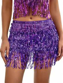 Sequin Fringe Skirt Women Sexy Belly Skirts Adjustable Waist Straps Hip Scarf Wrap Skirt Carnival Rave Dance Performance Costume Halloween - Multicolor - View 13