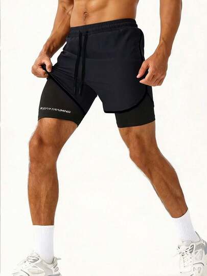 Pantalones cortos deportivos de hombre 2 en 1 con mallas de compresión - Negro, tela transpirable, bolsillos laterales, adecuados para correr, baloncesto, fútbol, gimnasio y actividades al aire libre, pantalones cortos deportivos multifuncionales | Diseño deportivo | Ajuste cómodo