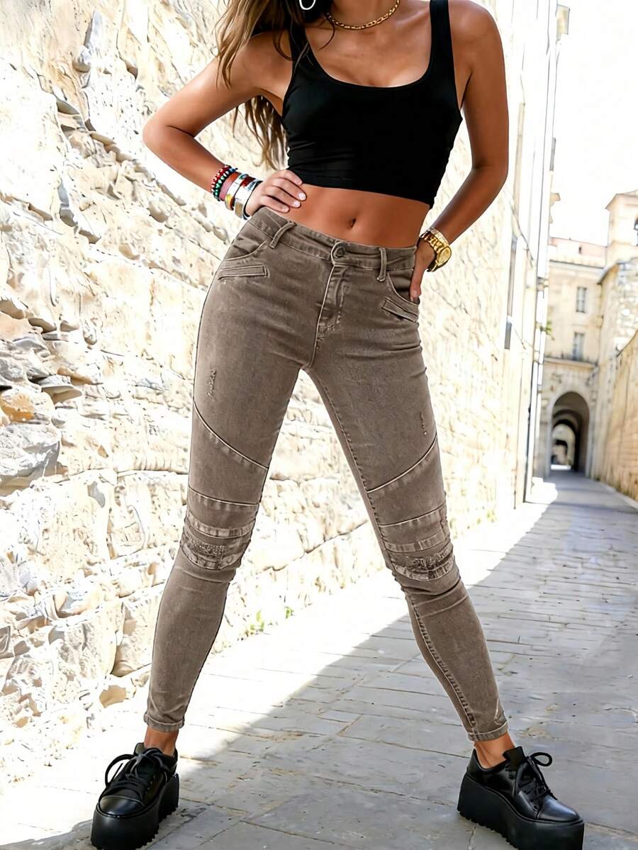 Women's Ripped Jeans With Distressed Details, Boyfriend Style, Zippered Details, Everyday Pants. - Mocha Brown - View 1