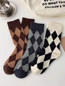 4 pares de calcetines de mujer con patrón de diamante en negro y blanco, simples y de moda, transpirables y que absorben la humedad, hasta el tobillo, adecuados para uso diario en primavera/verano - Multicolor - Ver 2