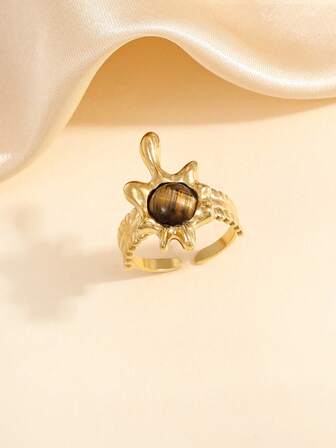 1pc/2pcs Stainless Steel Vintage Gold-Tone Open Ring, Inlaid Brown Gemstone, Suitable For Women Everyday Wear Or Gift