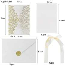 20张/5套，40张/10套 金银闪粉镂空玫瑰造型婚礼邀请函，含信封和回复卡，预系缎带，适用于结婚纪念日、新娘送礼会、订婚派对、宴会邀请。 - 彩色 - 查看 11