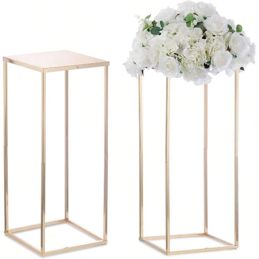 Nuptio Gold Vase For Wedding Centrepieces - 2 Pcs 60cm Tall Flower Stand Metal Floor Vases Column Geometric Centerpiece Stands Rectangular Display Rack For Weddings Birthday Party Decorations - Gold - View 1