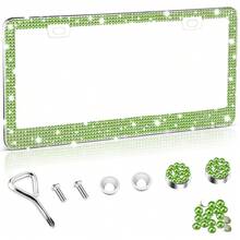 [Free Shipping]Bling License Plate Frame For Women, 1Pack Rhinestone Handcrafted Crystal Premium Stainless Steel, Stainless Steel Car Decorative Accessories With Diamond Sparkle Glitter Caps (Green),1pc,Green - Green - 查看 1