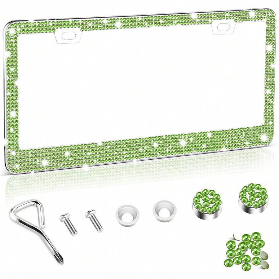 [Free Shipping]Bling License Plate Frame For Women, 1Pack Rhinestone Handcrafted Crystal Premium Stainless Steel, Stainless Steel Car Decorative Accessories With Diamond Sparkle Glitter Caps (Green),1pc,Green - Green - 查看 1