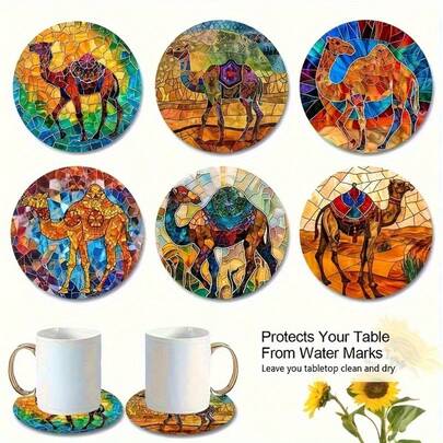 6件套圆形木质杯垫 - 色彩缤纷的沙漠骆驼图案设计，复合木质饮料杯垫，适用于咖啡杯和茶杯，阿拉伯风格节日装饰，家居和餐桌装饰，理想的节日礼物