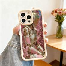 Cubierta de teléfono con diseño de robot vintage rosa y flores de cerezo para iPhone 14 Pro Max negro elegante estilo artístico para uso diario y regalo - Burdeos - Ver 4