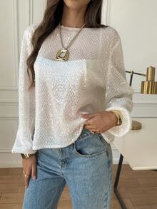 New White Sequin Sheer Blouse, Elegant Round Neck Lantern Sleeve Design, Button Back Loose Flattering Soft Casual Long Sleeve Shirt For Women - White - View 2