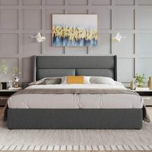 (=491011AAG) Gepolstertes Doppelbett 140x200cm mit verstellbaren Kopfteilen, Hydraulikbettgestell mit Stauraum, Bett aus Leinenmaterial mit Metalllamellenbasis, Grau (ohne Matratze) - Grau - Übersicht 1