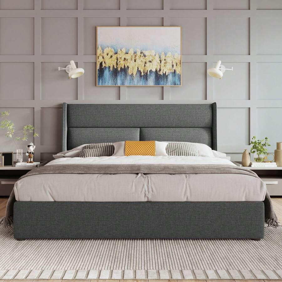 (=491011AAG) Gepolstertes Doppelbett 140x200cm mit verstellbaren Kopfteilen, Hydraulikbettgestell mit Stauraum, Bett aus Leinenmaterial mit Metalllamellenbasis, Grau (ohne Matratze) - Grau - Übersicht 1