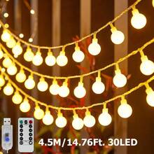 1条3/6/10米USB供电8种模式白色球形串灯，带遥控器，适用于室内家居装饰、卧室、房间墙壁、户外庭院、婚礼派对节日装饰、圣诞树、圣诞派对、LED仙女灯