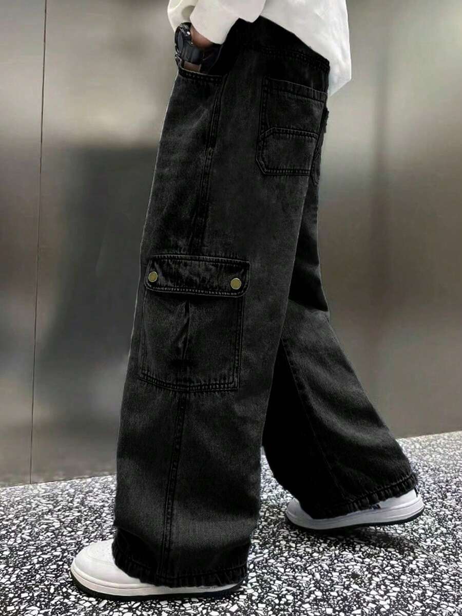 Teen Boy Casual Fashion Street Style Daily Commute Washed Flap Pocket Loose Cargo Wide Leg Denim Jeans - Black - View 1