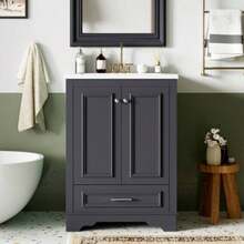 24'' Bathroom Vanity With Ceramic Sink Combo, Modern Freestanding Storage Cabinet With Silver Handles, Soft Closing Doors - Blue Gray + CeramicSolid WoodMDF + Modern + Bathroom - View 2