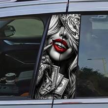 2张红色嘴唇女孩汽车贴纸，乙烯基材质，哑光表面，易于粘贴，移除后不留残胶，耐刮擦防水，自粘式，一次性使用，魅力财富设计，适用于车辆B柱塑料、玻璃和金属表面，汽车装饰 - 均碼 - 查看 2