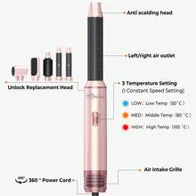 ATOPSKINS 5-In-1 Multi-Functional Styling Tool (Hot Air Brush + Auto Curler) | 5 Detachable Replacement Heads + 3 Temperature Settings | Auto Curling, Create Salon-Level Curls/Waves/Straight/Smooth Styles | Volumize Bangs, Boost Root Volume, Say Goodbye To Frizz | Customizable Styling, Create Layers/Inward Curls | Suitable For All Hair Types - EU F Type Plug(220-240V) - View 8