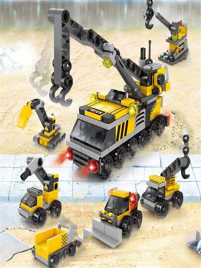 142 pièces/boîte Six-en-un ensemble de blocs de construction de voiture de construction, de voiture de police, de char. Ensemble de blocs de construction pour le jeu éducatif et DIY des enfants, cadeau d'anniversaire, décoration de chambre, cadeaux de Noël