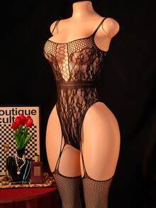 1pc Women's Sexy Lingerie Fishnet Bodystocking, Sheer Sleeveless Bodysuit, Hollow Out Tight Fitting Bikini Cover Up, Sexy Party Costume For Valentine's Day - Black - View 4
