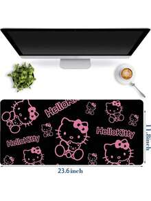 Sanrio Tapete de mesa grande e fofo com desenho animado da Hello Kitty, antiderrapante, impermeável e fácil de limpar. Almofada expansível preta com laço rosa kawaii, ideal para decoração de casa, cozinha, quarto e mesa de escritório.