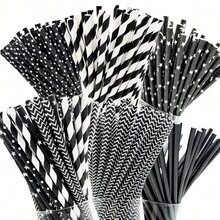 25pcs/100pcs Black Series Paper Straws, Various Printed Designs, Party Decoration Straws, Disposable Beverage Paper Straws, Suitable For Juice, Milkshake, Summer Cocktail, Graduation Party Supplies - Multicolor - View 11