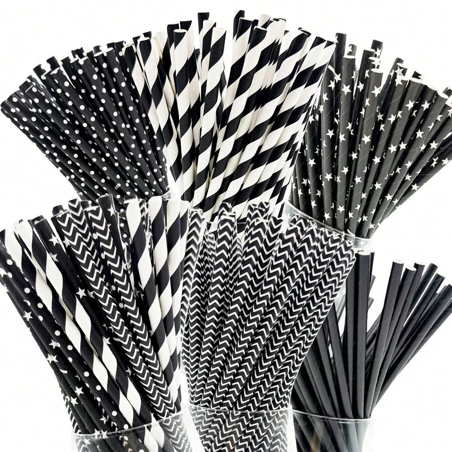25pcs/100pcs Black Series Paper Straws, Various Printed Designs, Party Decoration Straws, Disposable Beverage Paper Straws, Suitable For Juice, Milkshake, Summer Cocktail, Graduation Party Supplies - Multicolor - View 1