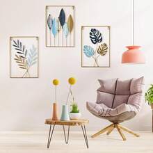 MOGONE Juego de 3 esculturas de pared de hierro rectangular,escultura artística colgante para sala de estar, recámara, baño, decoración interior y exterior (Hojas verdes doradas) - Azul BCE - Ver 12