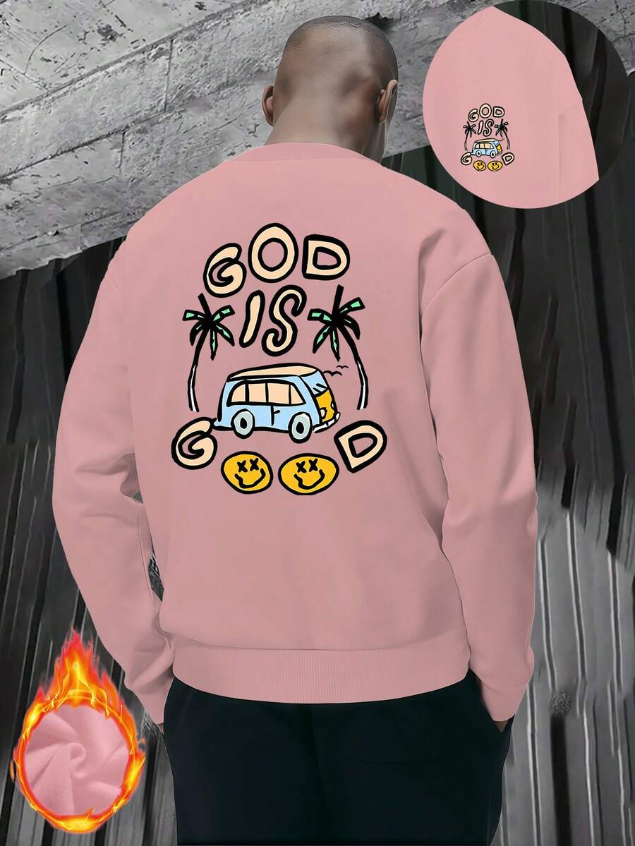 New Year Outfit Women Men Street Style Fashion Crew Neck Sweatshirt God Is Good Car Under Coconut Tree Print Pattern 2025 Autumn Winter Bestselling New  Fashion Long Sleeve Fleece Thickened Essential Classic Basic Style Lazy Style Casual Top Commuting Casual Simple Comfortable Versatile Loose And Comfortable Fall Clothes For Women - 粉紅色 - 查看 1