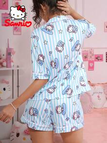 Pajamoom 2pcs Sanrio Hello Kitty Blue & White Striped Pajama Set, Cute Sleepwear Loungewear Set - Blue and White - View 2