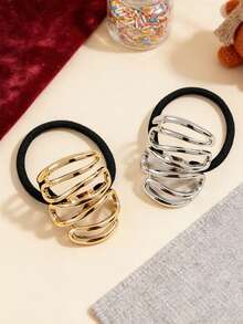 1/2pcs Retro Minimalist Oval Geometric Metal Hair Ties Elastic Hair Bands Ponytail Holders Versatile Hair Accessories Head Accessories - Multicolor - View 7
