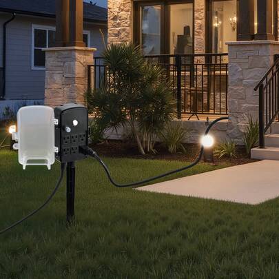 Outdoor Power Sta Ke, 50 FT Extension Cord, Outdoor Power Strip Weatherproof With Cover And Overload Protection, 6 Outlets, 15A/1875W, Waterproof Multi-Outlet Yard Sta Ke For Christmas Lights