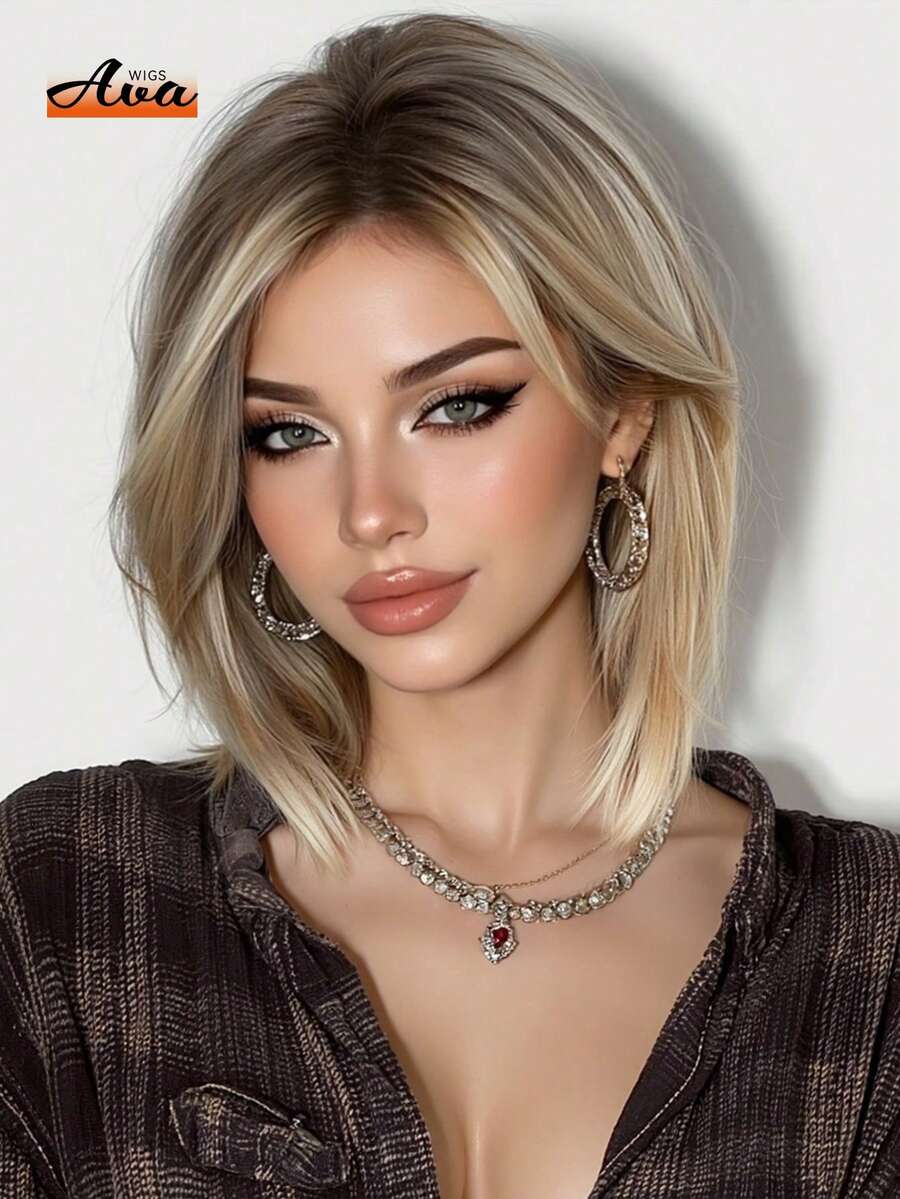 Peruca Ombré Curta e Lisa de 30 cm (12 polegadas), Feminina, com Mechas Brancas e Raízes Escuras, Ideal para Cosplay e Uso Diário, Fibra Sintética Resistente a Altas Temperaturas. - Ombre marrom - Ver 1