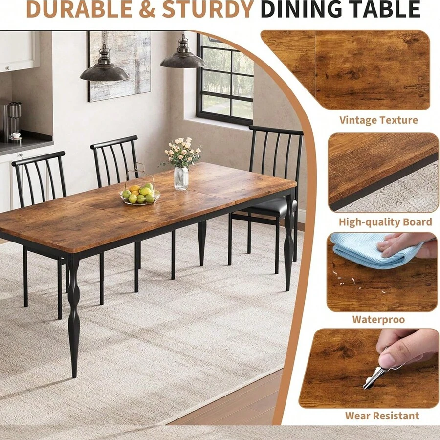 (solo mesa)  Mesa de comedor rectangular para 6 personas, mesa de cocina rústica de 78 pulgadas con tablero grande, mesa de comedor larga de madera con patas resistentes - Marrón - Ver 1