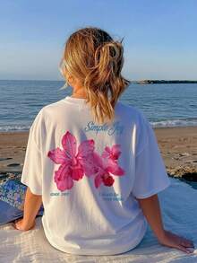 This Colorful Letter & Floral Print Round Neck T-Shirt For Women Is Fashionable And Versatile. Graphic Tee, White Top, Pink Top, Suitable For Vacation Wear. - White - View 5