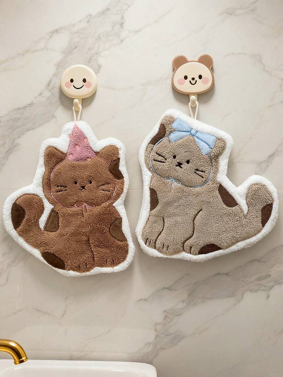 1Pc Cute Brown Cat Hand Towel, Absorbent Towel, Hanging Style For Kitchen, Bathroom, Room Decor, Absorbent & Easy To Clean, Kitchen Towel, Bathroom