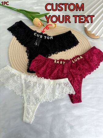 1pc Customized Text Crystal Embellished Tanga Panty, Sexy Lace Trim Bikini Underwear, Comfortable Stretchy Waistband Panty, Personalized Customized Name G-String, Gift For Friends, Lovers, Besties For Valentine's Day, Christmas, Halloween, Thanksgiving, Birthday, Anniversary