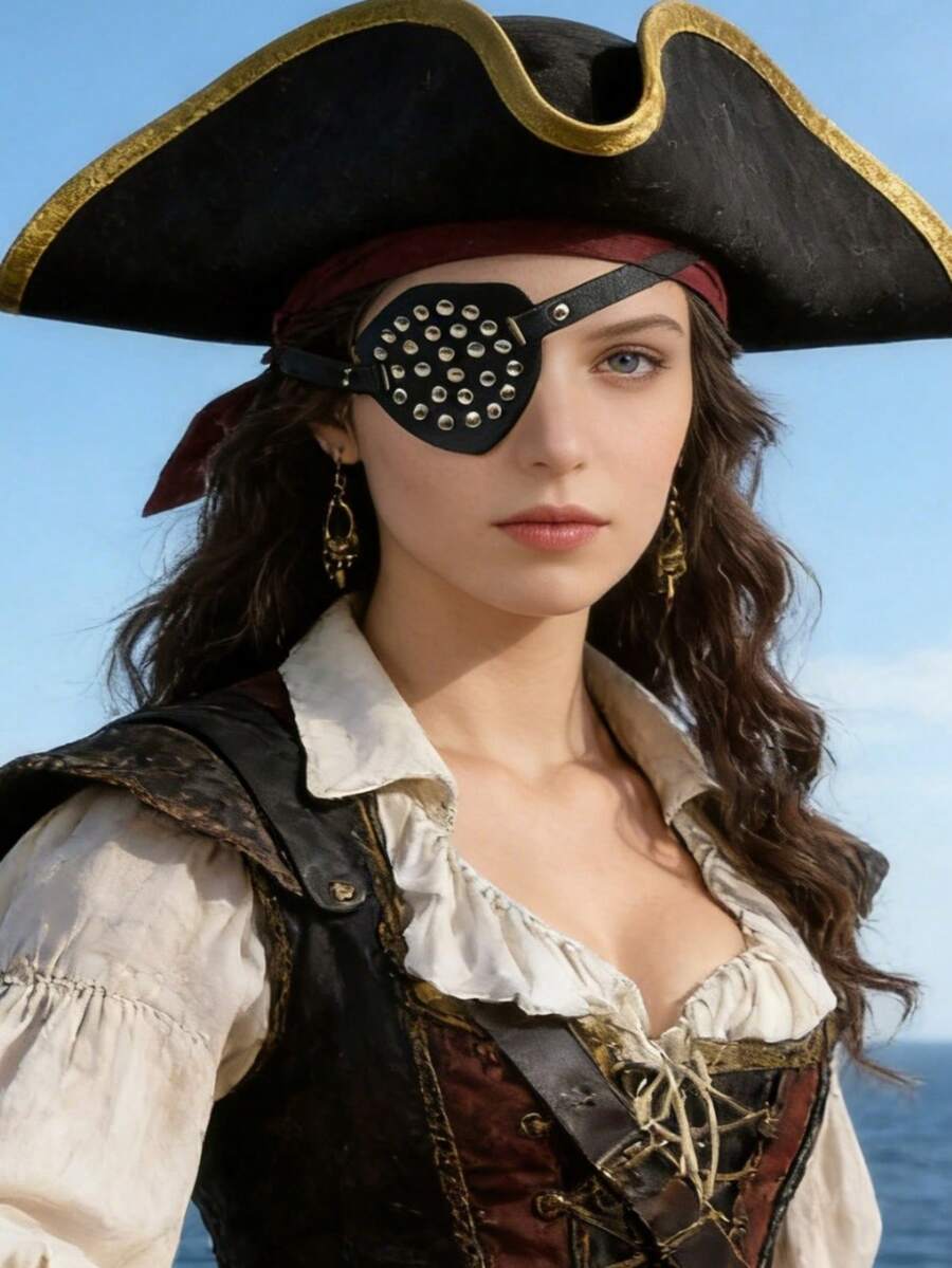 1个成人海盗眼罩 - 可调节PU皮革中世纪蒸汽朋克风格眼罩，成人服装配饰 - 黑色 - 查看 1