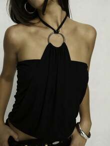 Women Y2K Halter Tank Top Sleeveless Backless Draped Front Going Out Tops Solid Color Back Tie Up Crop Vest Tops Summer Party Club Streetwear Rave Outfit Concert Outfit  Valentines Clothes  Beach Vacation Outfits - 黑色 - 查看 1