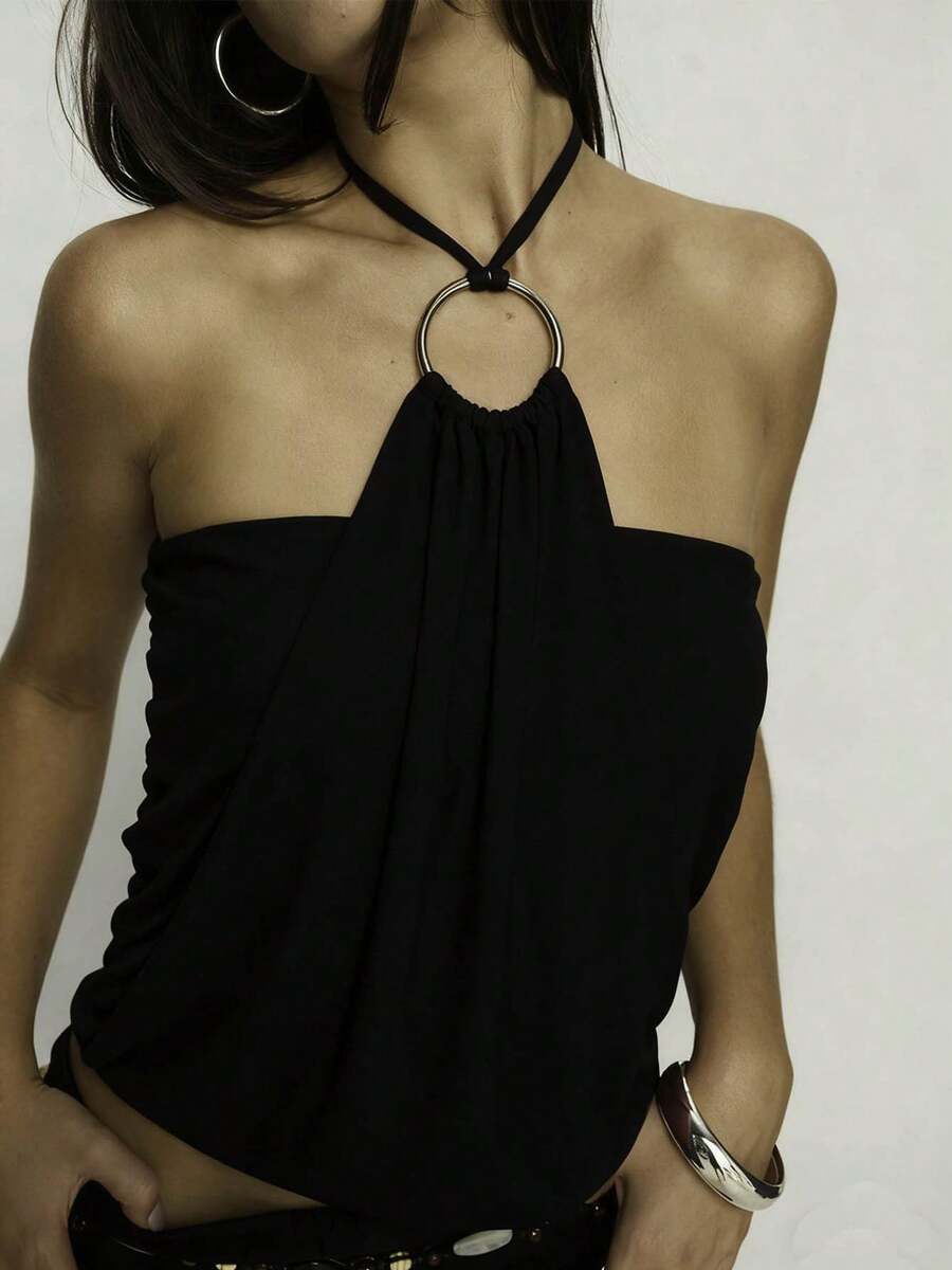 Women Y2K Halter Tank Top Sleeveless Backless Draped Front Going Out Tops Solid Color Back Tie Up Crop Vest Tops Summer Party Club Streetwear Rave Outfit Concert Outfit Valentines Clothes Beach Vacation Outfits - 黑色 - 查看 1