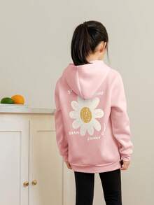 1件少女休闲印花套头卫衣，保暖内衬，长袖，秋冬季 - 粉色 - 查看 2