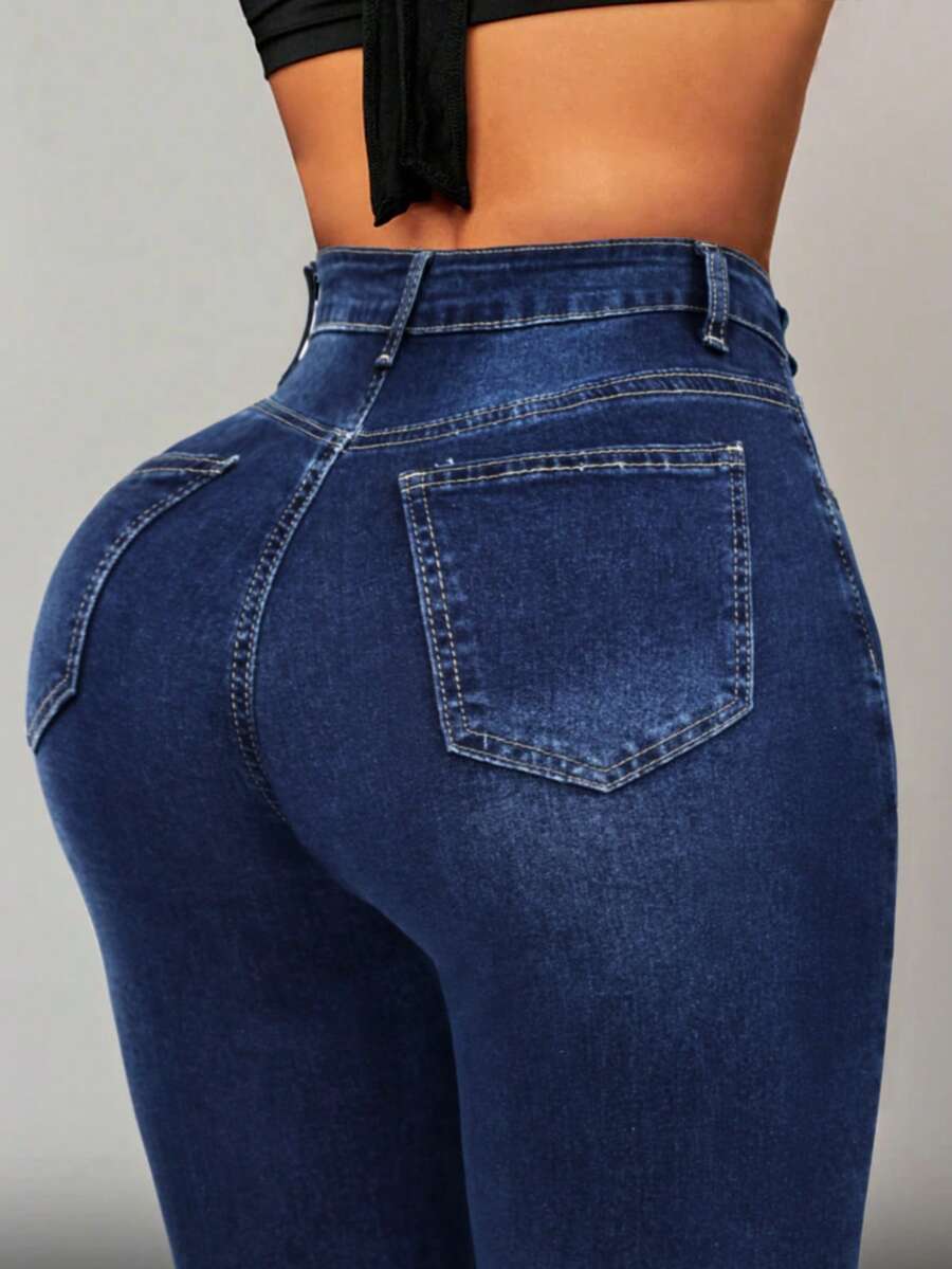 High-Waisted Rolled Hem Skinny Jeans In Dark Blue Ombre Washed Denim Fabric, Stretchy, Suitable For Daily Commute And All Seasons, Flattering Fit - Blue - View 1