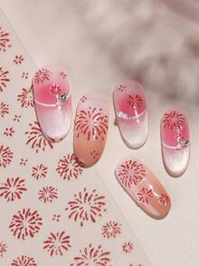 2片装红色绽放烟花图案美甲贴纸 3D自粘闪亮烟花亮片贴花 美甲装饰 DIY新年烟花美甲贴纸 - 彩色 - 查看 3