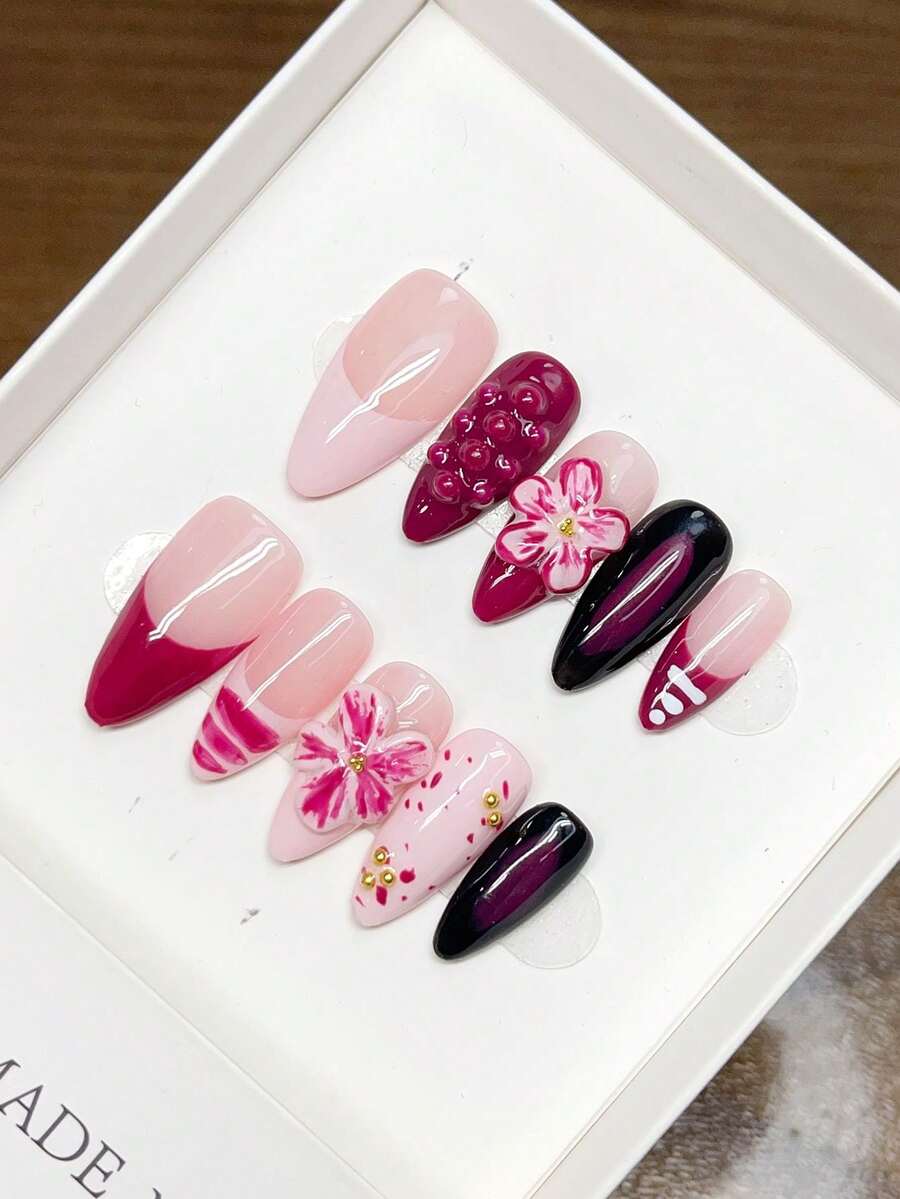 Pure Handmade Wearable Nails With Almond Nail Shape, 3D Tropical Floral Carving Design Autumn And Winter Nails, Hand-Painted Gradient Tie-D Luxury Handmade Wearable Nails, Y2K, Minimalist Design Nails, Full Coverage Fake Nails, Y2K Nails, Embossed Nails, Unique And Niche Creative Fake Nails, Nails, Daily Use.