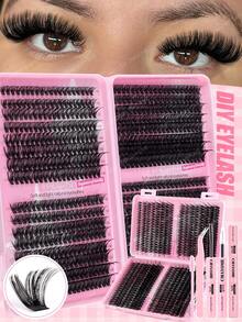 640 cílios postiços em tufos, cílios individuais, curvatura D, tufos de cílios DIY de 10 a 16 mm, 10D+20D+30D+40D/50D+60D+80D+100D, cílios postiços grossos à prova d'água. - Rosa - Ver 14