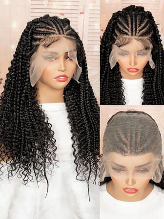 13X6 HD วิกผมถักเปียหน้าลูกไม้ครึ่งหัวหยิก วิกผมสังเคราะห์ครึ่งแถวข้าวโพด ครึ่งวิกผมหยิกพร้อมผมเด็ก วิกผมเปียจัดทรงไว้ล่วงหน้า