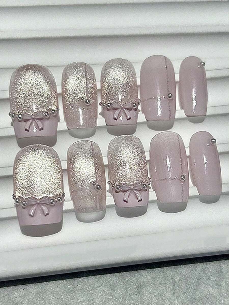 10pcs Pink Heart Princess Bow Handmade Press-On Nails, Shiny Cat Eye Short Fake Nails, Elegant Cute Pearl French Manicure Supplies (1pc Jelly Sticker + 1pc Nail File) - Pink - View 1
