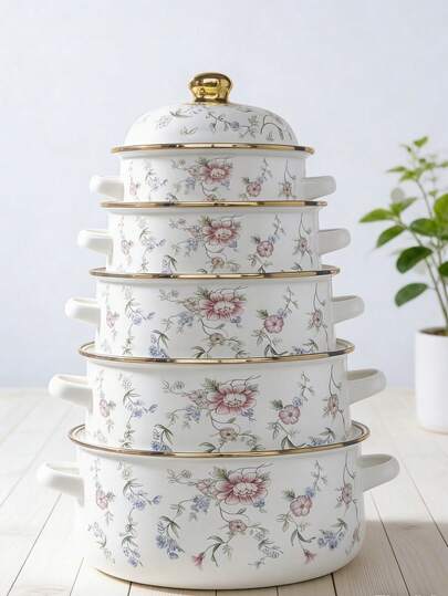 1st Enamel Pot, With Dual Handles And Lid, Electroplated Edging Design, Available In 16/18/20/22/24cm, Suitable For Restaurants And Home Cooking, Great For Family Gatherings, Holiday Parties, Spring/Summer Camping And Picnicking