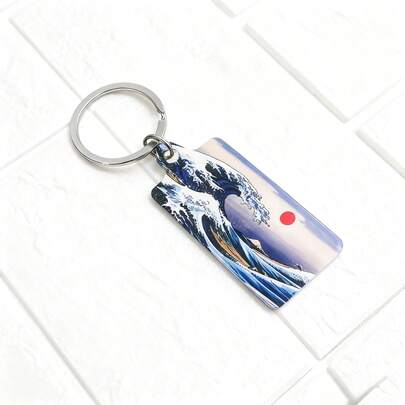 1 pieza Llavero de material metálico con impresión UV de la famosa pintura de Kanagawa de doble cara, llavero unisex, accesorio de moda, adecuado para regalos