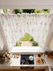 1pc Pink Floral Embroidered Lace Curtain With Beads Arched Shape Doorway Curtain Valance For Bedroom Kitchen Bathroom Rod Pocket Top - Baby Pink - View 4