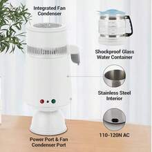 Destilador de agua - Filtro purificador de agua pura de 4 L (1,05 galones), generador de agua destilada de 750 W, de acero inoxidable, para encimeras domésticas, color blanco - Tipo de Enchufe B USA (110-127V) - Ver 3