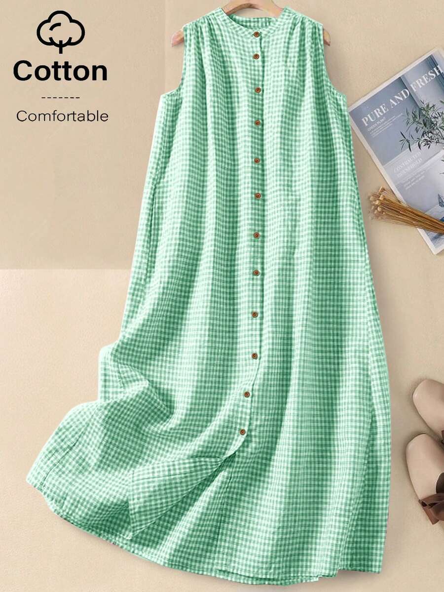 Women's Spring/Summer Sleeveless Plaid Casual Dress, Button Front Loose Fit Sundress, Country/Boho Style, Vacation Outfit, Business Casual Elegant - Green - View 1